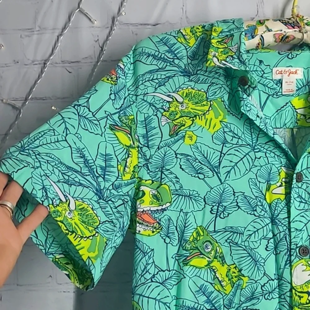 Cat & Jack Tropical Vibrant Dinosaur Dino Button Down Shirt Youth Size XL 16 - Picture 10 of 17